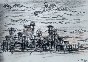 Drawing titled "Dark cities #01" by Herve L (Achel), Original Artwork, Conté