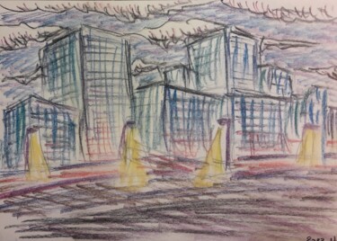 Рисунок под названием "Dark cities  #03" - Herve L (Achel), Подлинное произведение искусства, Цветные карандаши
