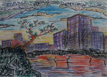 Disegno intitolato "Dark cities #4 - Ho…" da Herve L (Achel), Opera d'arte originale, Matite colorate