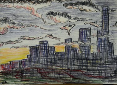 Drawing titled "Dark cities #05 - D…" by Herve L (Achel), Original Artwork, Conté