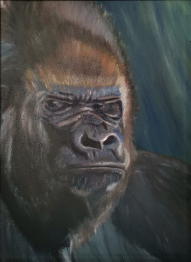 Painting titled "Gorille" by Sofiane Hadji, Original Artwork, Oil Mounted on Wood Stretcher frame