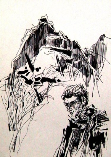Рисунок под названием "Човекът и планината" - Ivan Hadjidimitrov, Подлинное произведение искусства