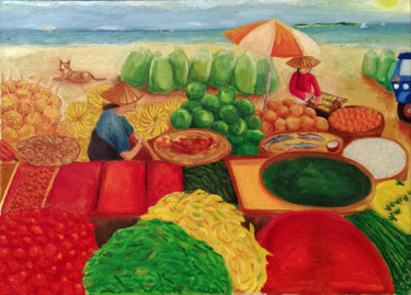 Pintura intitulada "thai market" por Laszlo Hadnagy, Obras de arte originais, Óleo