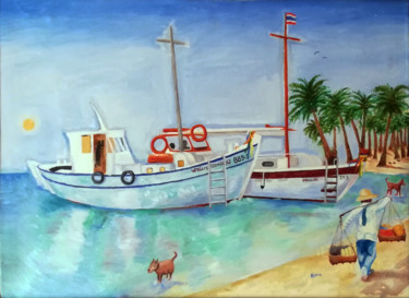 Painting titled "Koh tao beach" by Laszlo Hadnagy, Original Artwork, Oil