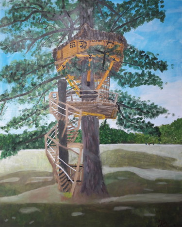 Painting titled "Sur un arbre perché" by Hadrien Lapouyade, Original Artwork, Oil