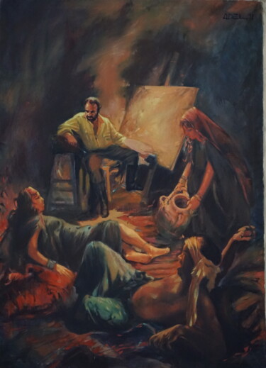 Malerei mit dem Titel "Adel Abdessemed "Ho…" von Hafid Djezzar, Original-Kunstwerk, Öl Auf Keilrahmen aus Holz montiert