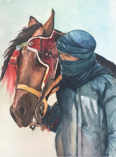 Painting titled "TOUAREG" by Hafida El Oumlouki Shaïmi, Original Artwork, Watercolor