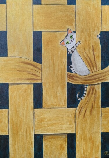 Painting titled "Le chat qui gâche l…" by Hah, Original Artwork, Acrylic Mounted on Wood Stretcher frame