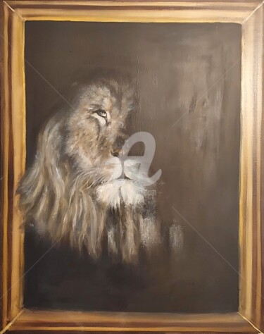 Painting titled "La liberté du lion" by Haiem Moise, Original Artwork, Oil Mounted on Wood Stretcher frame