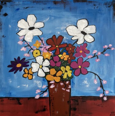 Painting titled "Happy flowers" by Hajnalka Fellmann, Original Artwork, Acrylic Mounted on Wood Stretcher frame