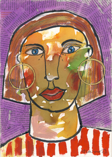 Painting titled "WOMAN 01" by Miroslaw Hajnos, Original Artwork, Watercolor Mounted on Cardboard