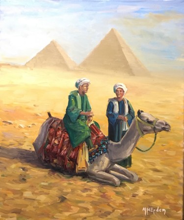 Painting titled "Bedouins" by Hakan Erdem, Original Artwork, Oil Mounted on Wood Stretcher frame
