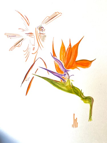 Dessin intitulée "Geisha aux fleurs M…" par Patrice Halary, Œuvre d'art originale, Aquarelle