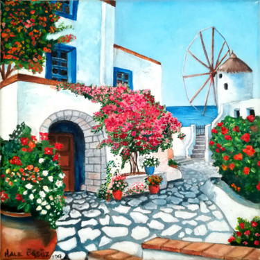 Peinture intitulée "Mykonos Sokakları" par Hale Ogsuz, Œuvre d'art originale, Huile