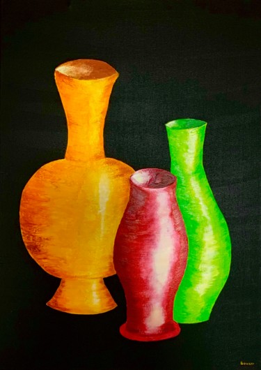 Malerei mit dem Titel "Les Trois Vases" von Boussi Diabaté, Original-Kunstwerk, Acryl