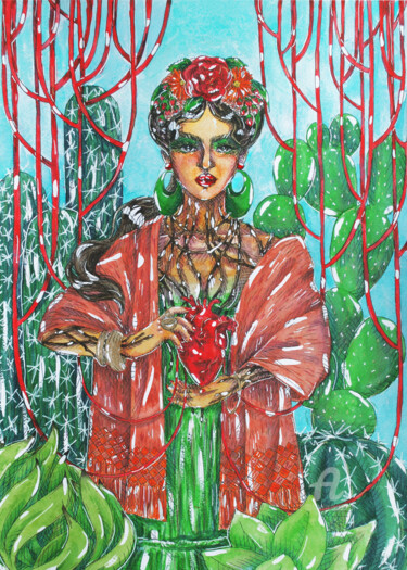 Painting titled "Frida's heart" by Halrusik, Original Artwork, Watercolor