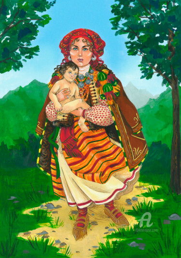 Malerei mit dem Titel "Hutsul Madonna" von Halrusik, Original-Kunstwerk, Gouache