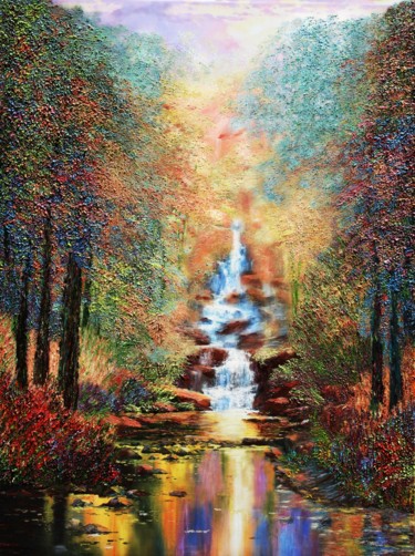 Painting titled "Enchanted Falls" by Kenneth Halvorsen, Original Artwork, Oil