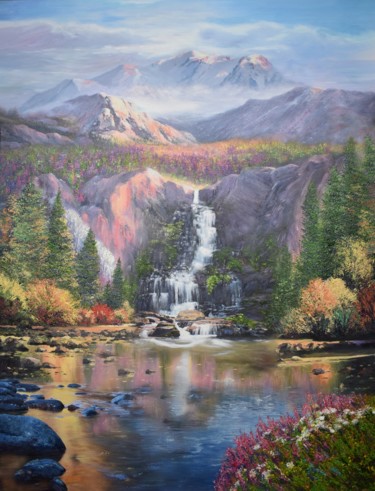 Картина под названием "Majestic Falls" - Kenneth Halvorsen, Подлинное произведение искусства, Масло
