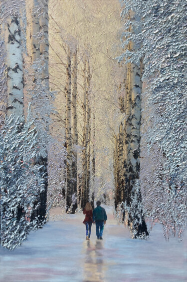 Painting titled "A Winter's Walk" by Kenneth Halvorsen, Original Artwork, Oil Mounted on Wood Stretcher frame