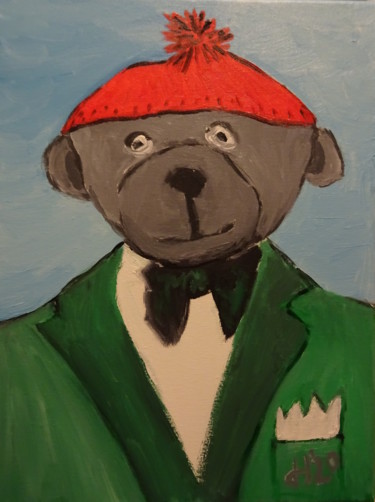 Malerei mit dem Titel "Bär mit roter Mütze" von Dieter Hamm, Original-Kunstwerk, Acryl