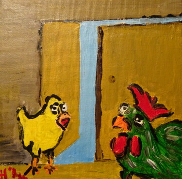 Malerei mit dem Titel "Im Hühnerstall" von Dieter Hamm, Original-Kunstwerk, Acryl
