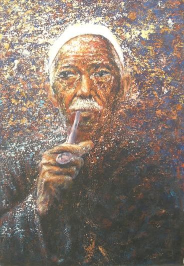 Painting titled "Le vieux à la pipe" by Hamoudi, Original Artwork, Oil
