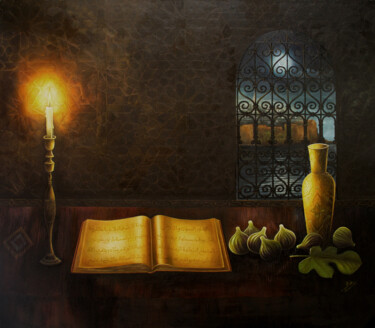 Painting titled "Le Coran et l'ouday…" by Hamza Rhani, Original Artwork, Oil Mounted on artwork_cat.