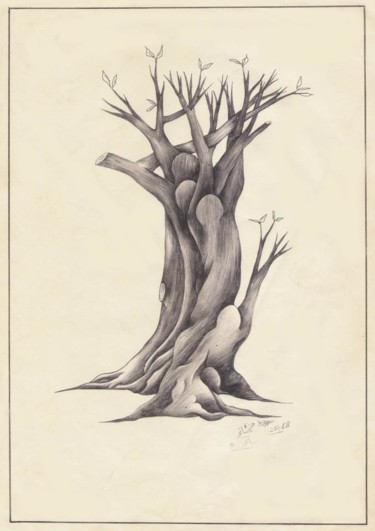 Drawing titled "branches et hommes" by Hamza Rhani, Original Artwork, Ballpoint pen
