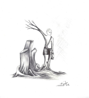 Drawing titled "fils des racines" by Hamza Rhani, Original Artwork, Ballpoint pen