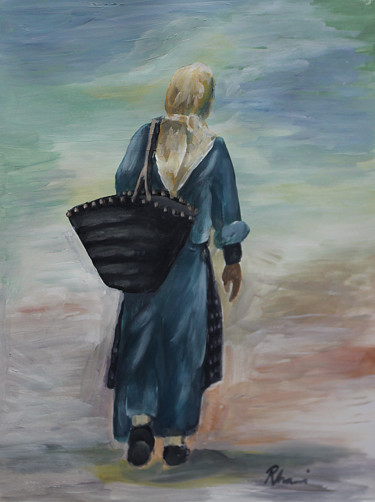 Peinture intitulée "femme au panier" par Hamza Rhani, Œuvre d'art originale, Acrylique