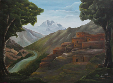 Painting titled "Village d'atlas" by Hamza Rhani, Original Artwork, Acrylic