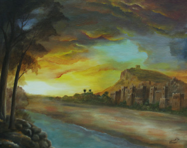 Peinture intitulée "crépuscule sur kasb…" par Hamza Rhani, Œuvre d'art originale, Acrylique