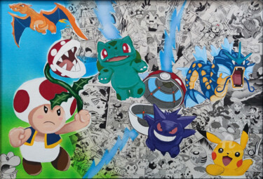 Painting titled "Catch them all" by Handfabdream, Original Artwork, Acrylic Mounted on Wood Panel