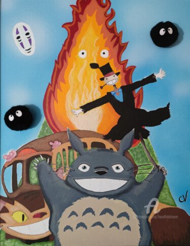 Painting titled "Miyazaki Hill" by Handfabdream, Original Artwork, Acrylic Mounted on Wood Panel
