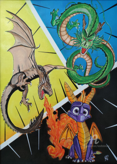 Painting titled "Dragon's mix" by Handfabdream, Original Artwork, Acrylic Mounted on Wood Panel