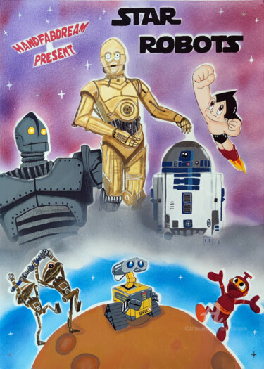 "Star Robots" başlıklı Tablo Handfabdream tarafından, Orijinal sanat, Akrilik Ahşap panel üzerine monte edilmiş