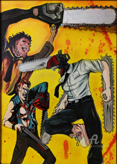 Painting titled "Chainsaw Story" by Handfabdream, Original Artwork, Acrylic Mounted on Wood Panel