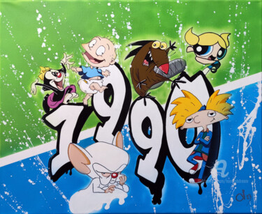 Painting titled "1990" by Handfabdream, Original Artwork, Acrylic Mounted on Wood Stretcher frame