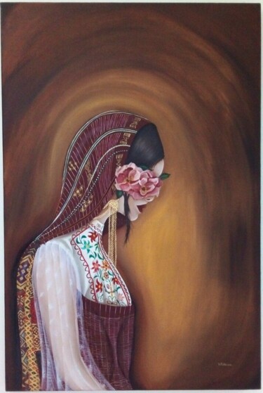 Malerei mit dem Titel "Djerbienne" von Hanene Robbana, Original-Kunstwerk, Öl Auf Keilrahmen aus Holz montiert