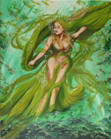 Schilderij getiteld "Green Angel" door Štefan Hangácsi, Origineel Kunstwerk, Olie