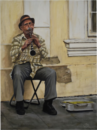 Painting titled "Elder musician" by Štefan Hangácsi, Original Artwork, Oil