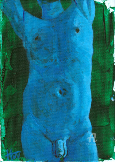 Painting titled "Blue Nude" by Hank Wandle, Original Artwork, Acrylic Mounted on Cardboard