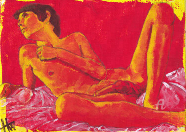 Painting titled "Reclining Youth" by Hank Wandle, Original Artwork, Acrylic Mounted on Cardboard