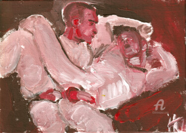 Ζωγραφική με τίτλο "The Wrestlers" από Hank Wandle, Αυθεντικά έργα τέχνης, Ακρυλικό Τοποθετήθηκε στο Χαρτόνι