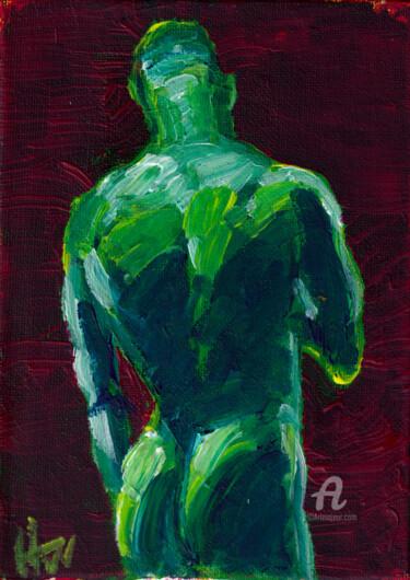 Painting titled "Muscular Nude" by Hank Wandle, Original Artwork, Acrylic Mounted on Cardboard