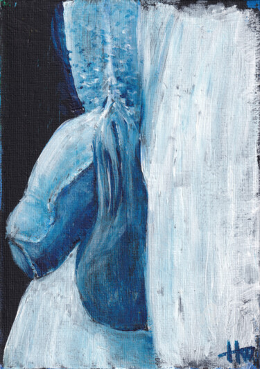 Schilderij getiteld "Blue Penis study" door Hank Wandle, Origineel Kunstwerk, Acryl Gemonteerd op Karton