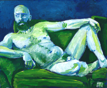 Schilderij getiteld "Green Sofa Nude" door Hank Wandle, Origineel Kunstwerk, Acryl Gemonteerd op Karton