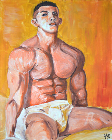 Pintura intitulada "Muscle Boy" por Hank Wandle, Obras de arte originais, Acrílico Montado em Cartão