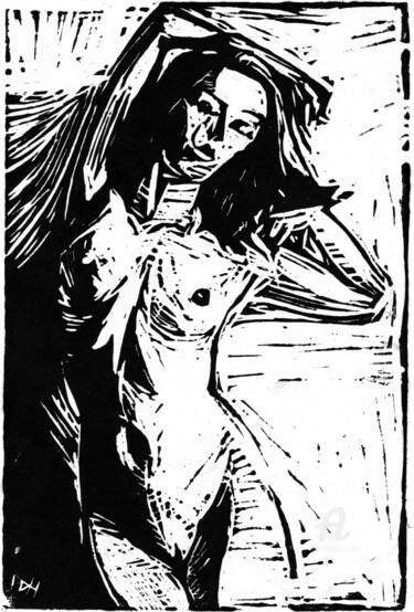 Druckgrafik mit dem Titel "Standing Nude in ink" von Hank Wandle, Original-Kunstwerk, Linoldrucke